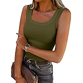 Women’s Wide Strap Ribbed Tank Tops Slim Fit Scoop Neck Sleeveless Camisole Basic Trendy Y2k Top
