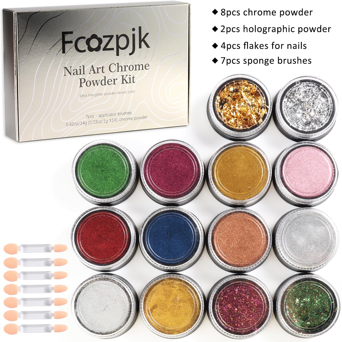 Chrome Nail Powder Set 14 Colors Pink Blue Silver Metallic Effect Mirror Powder for Nails With Brushes Holographic Pigment Chameleon Flakes for Nails Gold Leaf Decoration Nail Supplies - Image 2