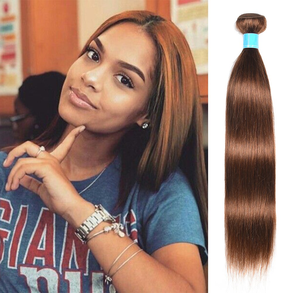 JulyQueen Medium Brown Straight Hair Weaves 1 Bundle 8A Grade Virgin Peruvian Hair Light Chocolate Brown Color Human Hair Extensions Remy Hair Weaves(Color 4, 20inch)