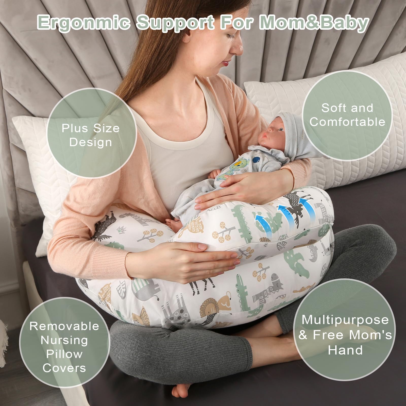 BATTOP Nursing Pillow for Breastfeeding,Bottle Feeding, Plus Size Breastfeeding Pillows with Adjustable Waist Strap Removable Cover, Extra Pillow on Top for More Support for Mom