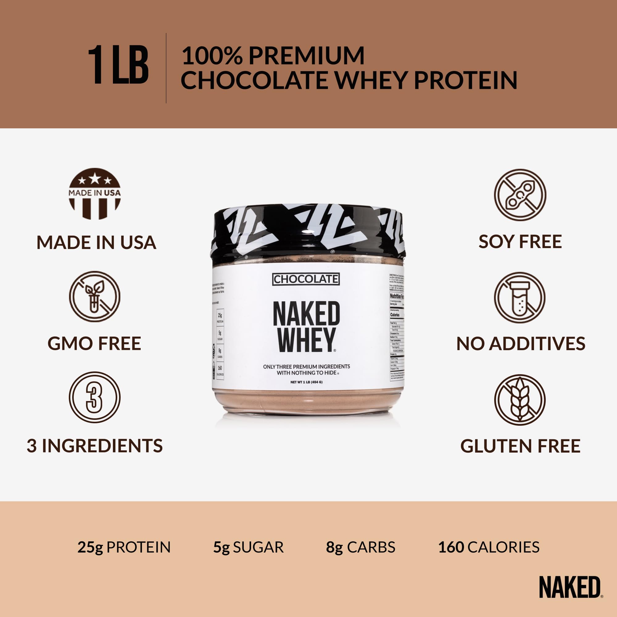 NAKED Chocolate Whey 1LB - All Natural Grass Fed Whey Protein Powder, Organic Cacao, and Coconut Sugar - No GMO, No Soy, and Gluten Free, Aid Growth and Recovery - 12 Servings