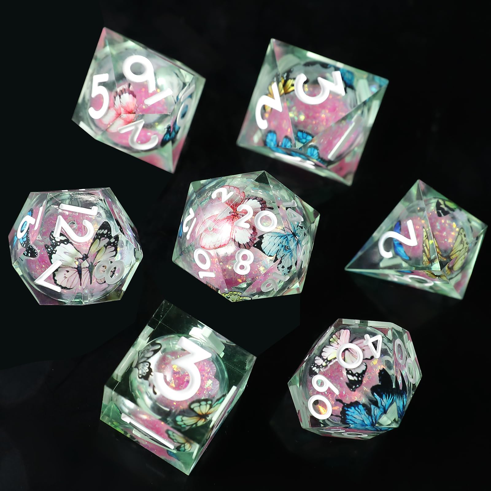 Liquid Core DND Dice Set 7pcs, Resin Sharp Edged Polyhedral Dice for Dungeons and Dragons, Handmade RPG D20 D12 D10 D8 D6 D4 Dice, Butterfly Themed D&D Dice Role Playing Dice — image 1