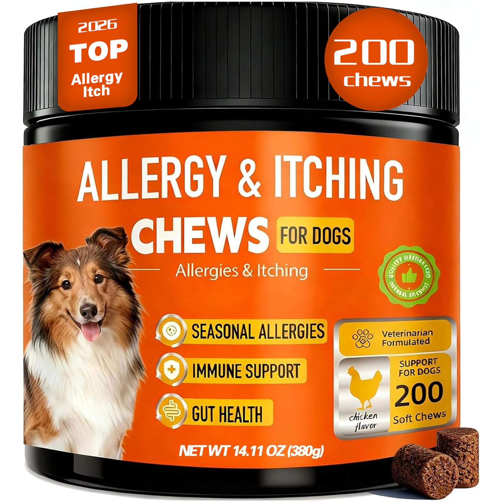 Organnact Dog Allergy Chews 200 Ct - Itch Relief for Dogs Immune Support with Colostrum Probiotics Seasonal Allergies Anti-It