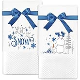 JarThenaAMCS 2Pcs Winter Hand Towels Cotton Dish Towels Christmas Snowman Embroidered Snowflake Bathroom Towels with Blue Ribbon for Drying Cleaning Cooking, 29.5 x 13.7 Inch