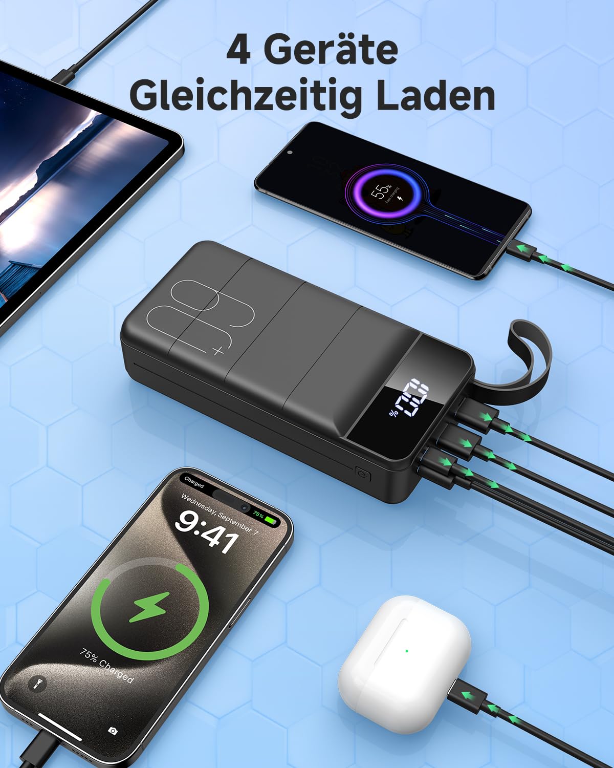 Powerbank 60000mAh, 22,5W PD USB-C Schnellladegerät, Externer Akku mit LED-Anzeige, Power Bank 4 Ausgängen und 2 Eingängen, kompatibel mit iPhone, Tablets, Android und mehr Schwarz 5