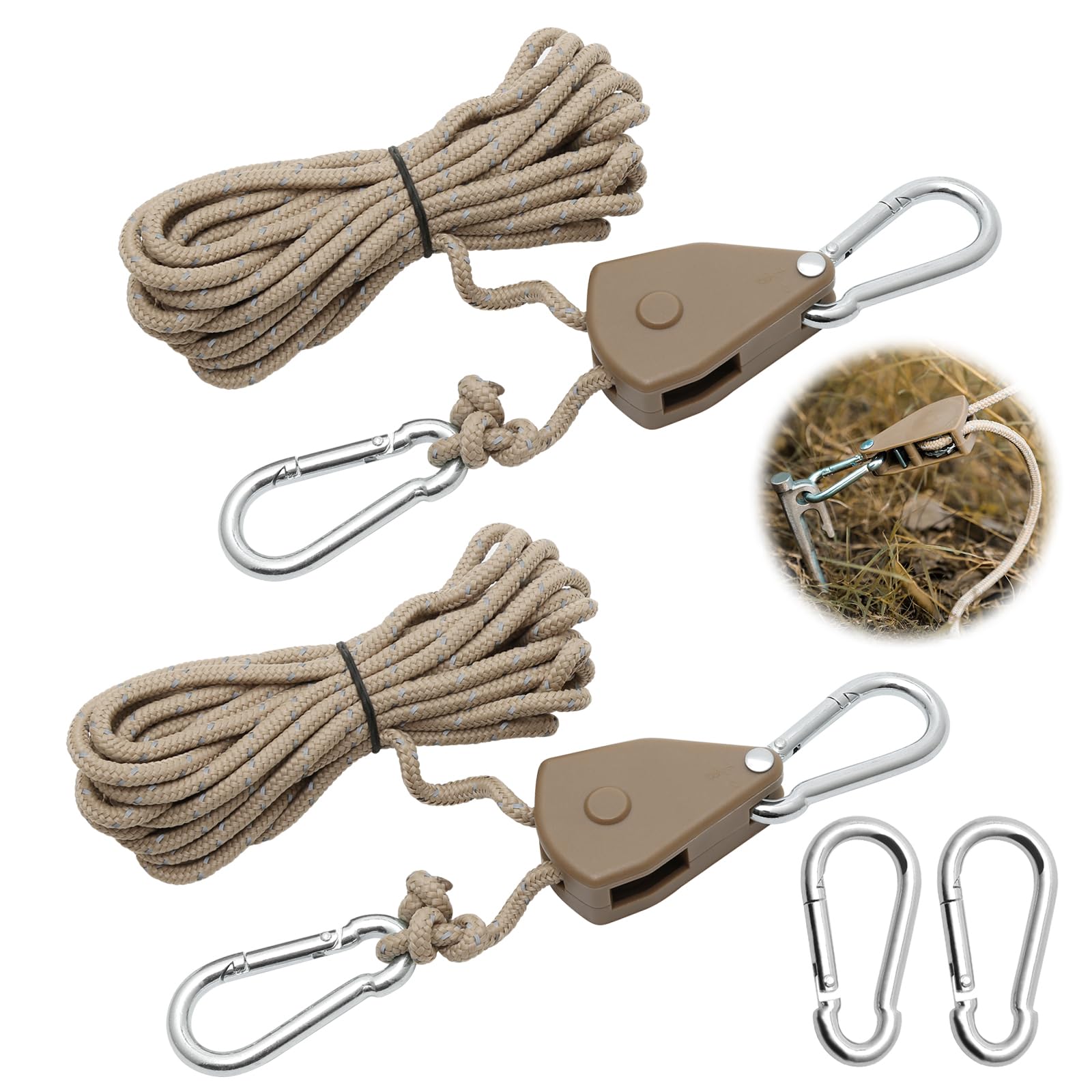 2 Pcs 4M Ratchet Ropes, Grow Lights Ratchet Hangers with 2 Replacement Snap Hooks Metal, Adjustable Heavy Duty Rope Hanger for Grow Room Equipment and Outdoor Camping