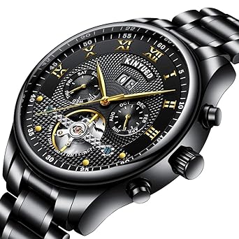 Aquaasian Automatic Mechanical Chronograph Stainless Steel Strap Quartz Analogue Black Dial Mens Wristwatch