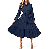 BerryGo Womens Long Sleeve Dresses 2026 Maxi Casual V Neck Belted Button Down Wedding Guest Shirt Dress with Pockets