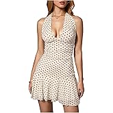 Women's Polka Dots Ruched Backless Halter Mini Dress Deep V Neck Ruffle Hem Short Tank Dresses