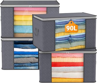 KALAHOL 90L Large Capacity Clothes Storage Bags with Zips 4 Pack Dark Grey