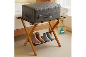 IRIIJANE Foldable Luggage Rack for Guest Room - Double Layer Bamboo Wood Suitcase Stand - Wooden Baggage Holder with Storage Shelf for Bedroom Hotel