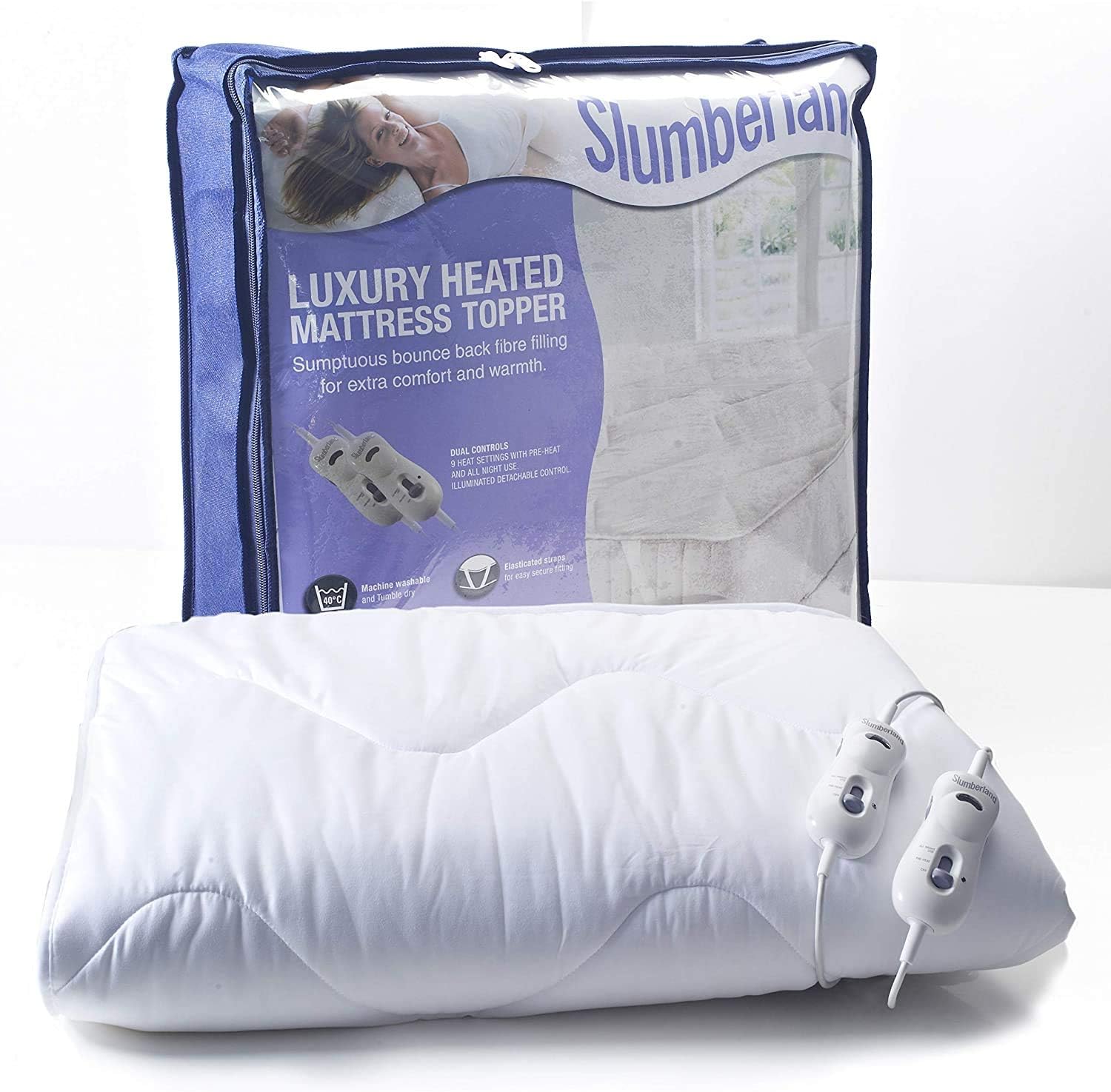 Slumberland Full Bed Size Heated Electric Mattress Topper, 9 Temperature Settings, all Night Use, Pre Heat Settings, Easy Fit