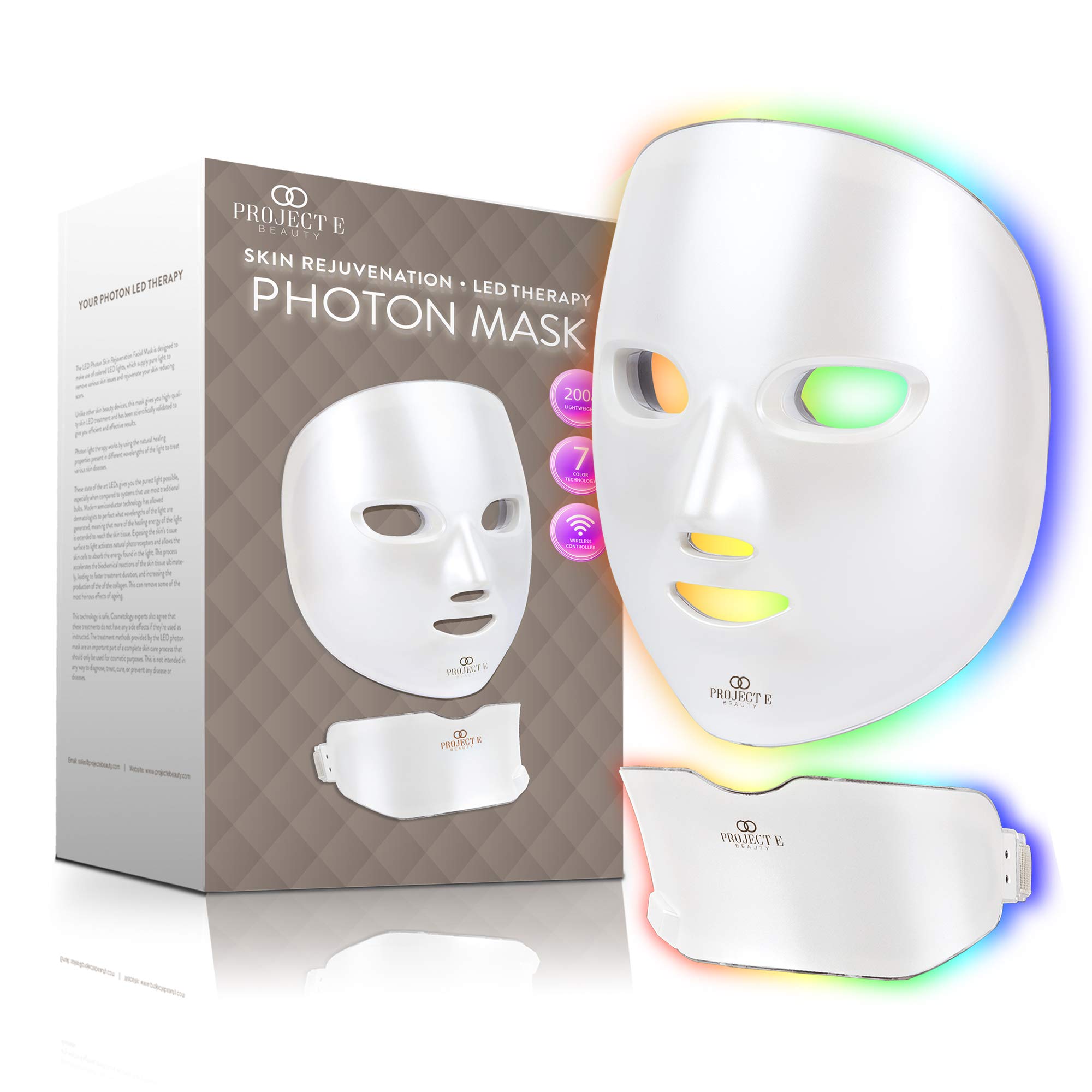 Project E Beauty Photon Skin Rejuvenation Face Neck Mask Wireless Led Photon Red Blue Green Therapy 7 Color Light Treatment Anti Aging Spot Removal Wrinkles Whitening Facial Skin Care Mask