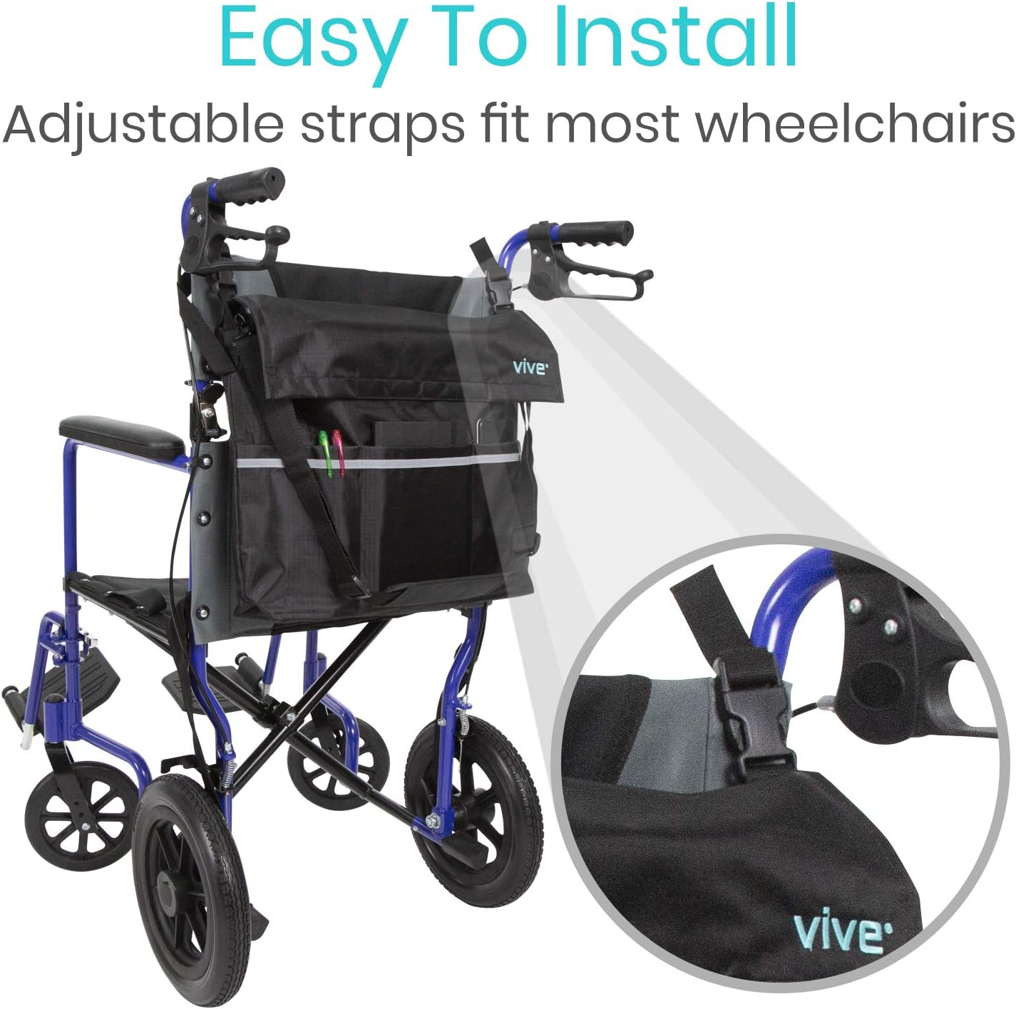 Vive Wheelchair Bag - Wheel Chair Storage Tote Accessory for Carrying Loose Items and Accessories - Travel Messenger Backpack for Men, Women, Handicap, Elderly - Accessible Pouch and Pockets, Black: Health & Personal Care