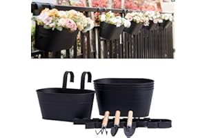 pansparade 5 Pack Metal Hanging Flower Pots for Railing Fence，Outdoor Balcony Rail Planter with Garden Tools Detachable Hooks Drainage Holes for Deck Garden Home Decor Black