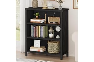 BON AUGURE Small Bookshelf, 3 Tier Black Book Shelf, Farmhouse Storage Bookcase, Short Wooden Book Cases for Small Space, Off