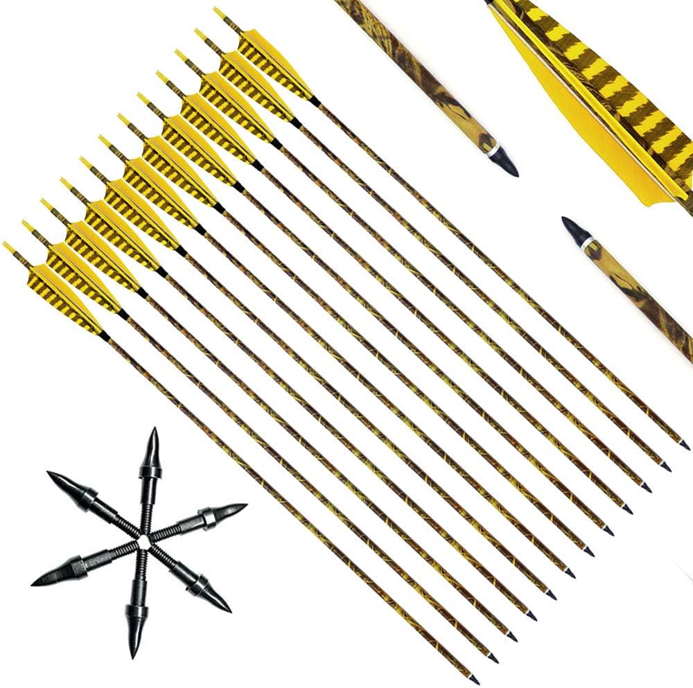 Narchery 31Inch Carbon Arrow Practice Hunting Arrows with 5" Camo Natural Feathers for Traditional Recurve Bow and Longbow, Pack of 12 (31Inch)