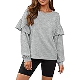 Fisoew Womens Crewneck Sweatshirts Fall Casual Ruffle Long Sleeve Roll Hem Loose Cropped Pullover Tops