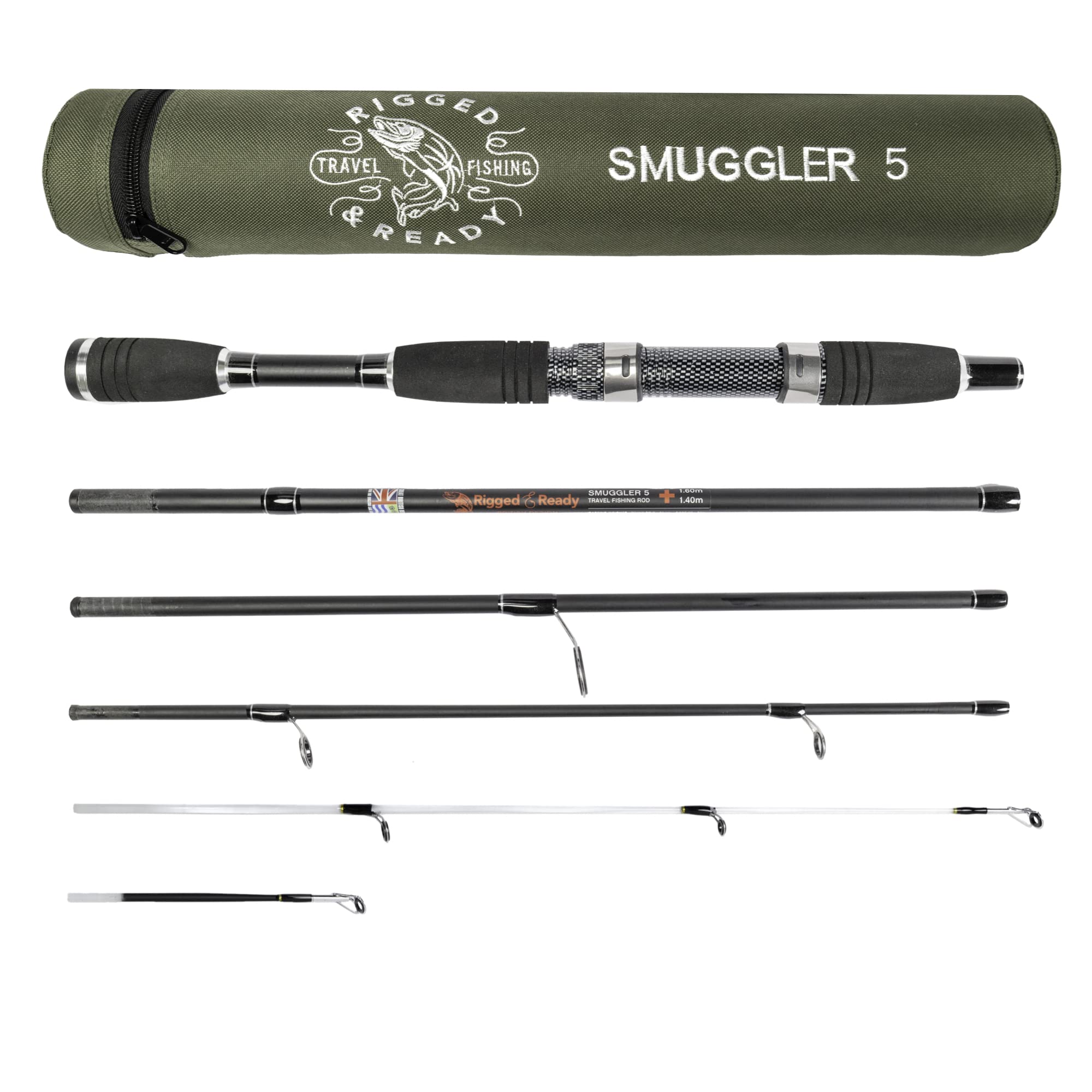 Rigged and Ready Smuggler 5 Travel Fishing Rod & Case. Compact medium-short length 5.25’ (160cm) rod, with 2 tips, for spin and general fishing. For fish up to 6lbs (3kg)