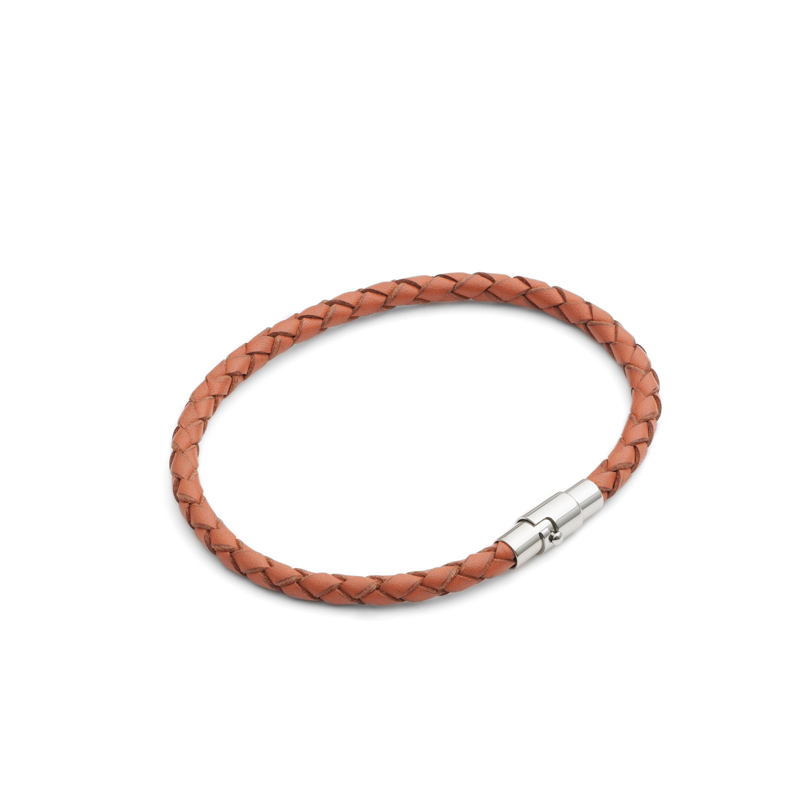Thin Orange Leather Bracelet, Secure Bayonet Clasp with Extra Magnet for Men or Women · 4mm Plaited Unisex 20cm, by Tribal Steel