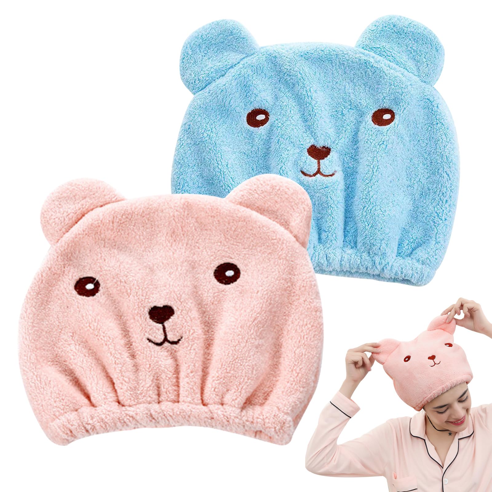 KASESSS 2 Pieces Microfibre Hair Towel, Hair Towel Wrap Fleece Soft, Hair Turban Cartoon Bear, Hair Towel Wraps for Women for Spa Swim Bath, Hair Turbans for Wet Hair for Wet Long Curly Thick Hair