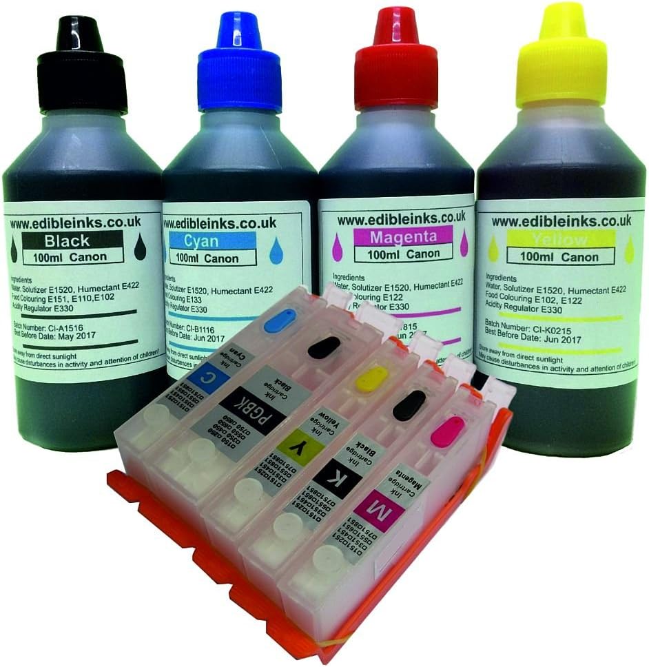PGI-570/CLI-571 Edible Ink refillable Cartridge kit consisting of, a Set of 5 Empty refillable Edible Ink cartridges and 400ml of Edible Ink for use on Canon Printer Models MG5750, MG5751