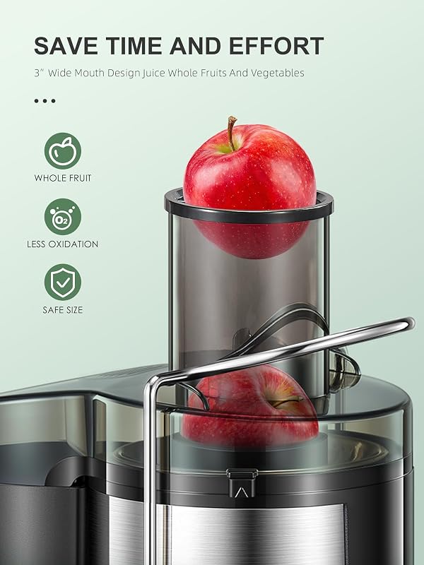 Spremiagrumi, centrifuga con vano di riempimento da 3 pollici, facile da pulire, in acciaio inox, senza BPA, ideale per frutta e verdura (Argento, 500W)
