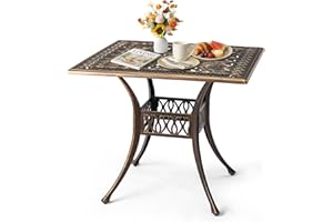 Outvita Patio Side Table, 35.4in Outdoor Square Cast Aluminum Bistro Table with Umbrella Hole and Antique Design for Backyard Porch Pool Balcony Deck Bronze