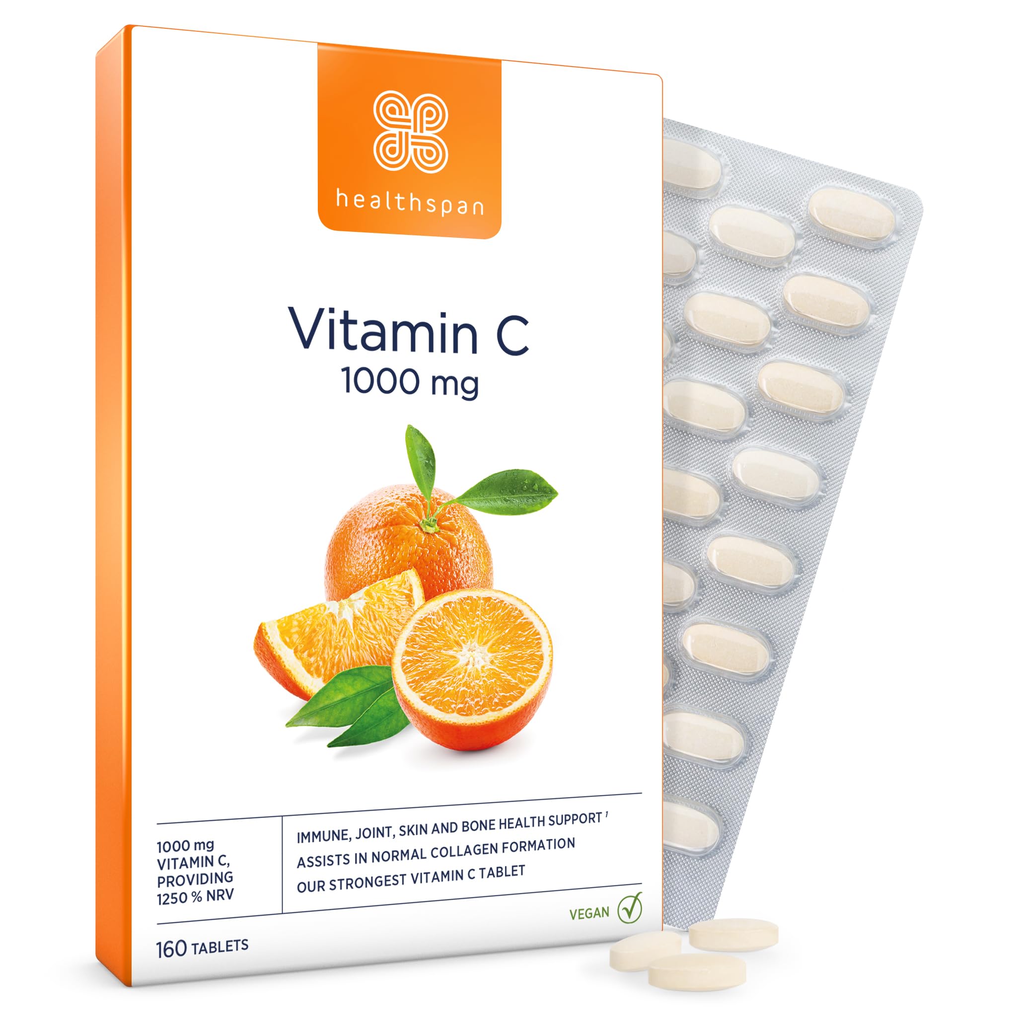 Healthspan Vitamin C 1,000mg (160 Tablets) | Support Your Immune Health | Reduces Tiredness & Fatigue and Supports Joint, Skin & Bone Health | Vegan
