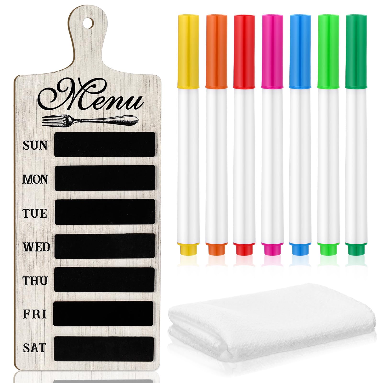 Photo 1 of Maxdot Weekly Menu Board Kitchen 16.5 x 6.3 Inches Wood Menu Planner Board with 7 Markers and Towel Kitchen Weekly Planner Plaque Wall Signs for Dinning Room Home Decor