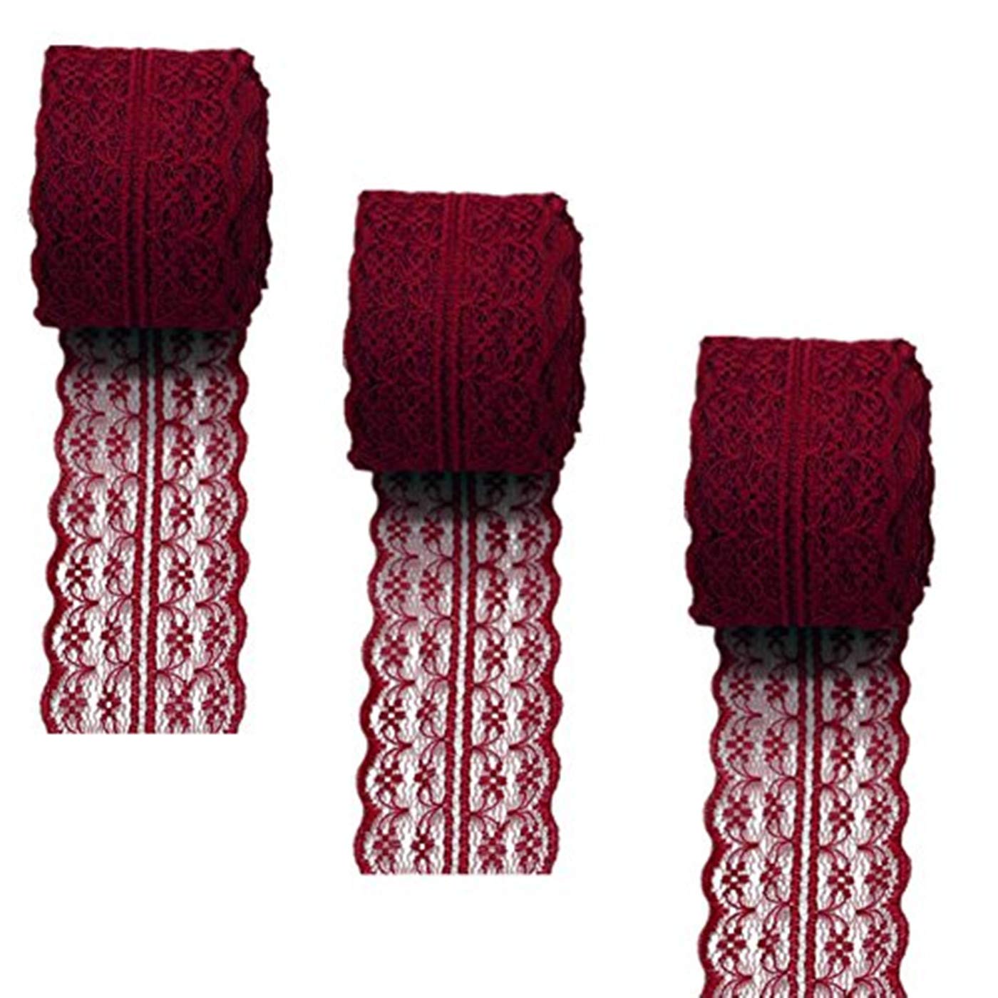 3 Rolls 10 Meters Floral Lace Ribbon Lace Trim Webbing Fabric for DIY Jewelry Making Craft Wedding Accessories Gift Wrapping(Burgundy)