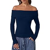 QINSEN Cotton Off The Shoulder Sweater for Women Long Sleeve Ribbed Knit Pullover Sweater Slim Fit Going Out Tops