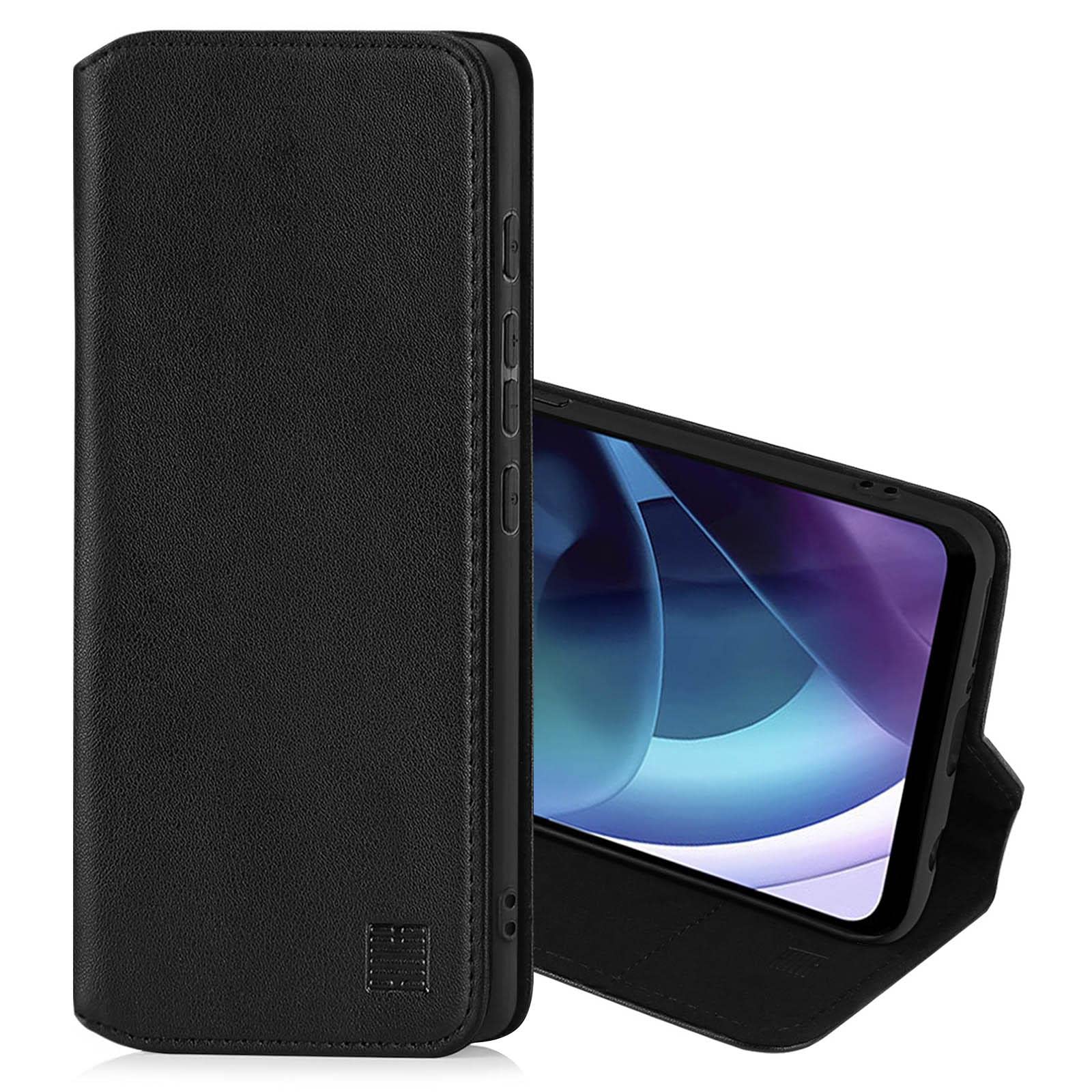 32nd Classic Series 2.0 - Real Leather Book Wallet Flip Case Cover For Motorola Moto G71 5G, Real Leather Design With Card Slot, Magnetic Closure and Built In Stand - Black