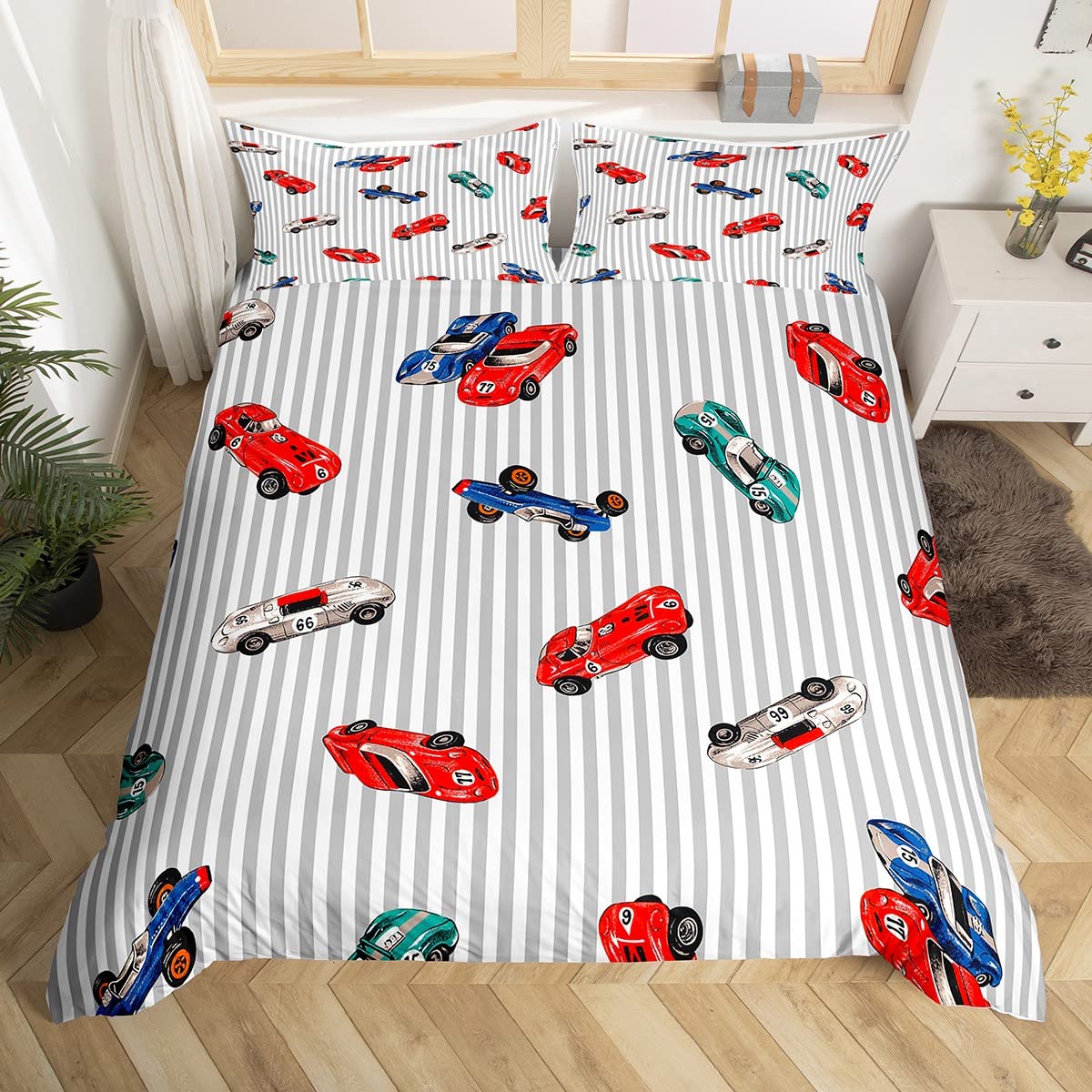 Race car Duvet Cover Set Speed Sports Car Bed Cover Racing Car Bedding Set White Grey Bedding Set for Kids Boys Girls Microfiber Single Size — image 1