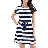 Yanziliu Womens Summer Dresses Striped Crewneck Short Sleeve T Shirt Dress Casual Tie Waist A Line with Pockets