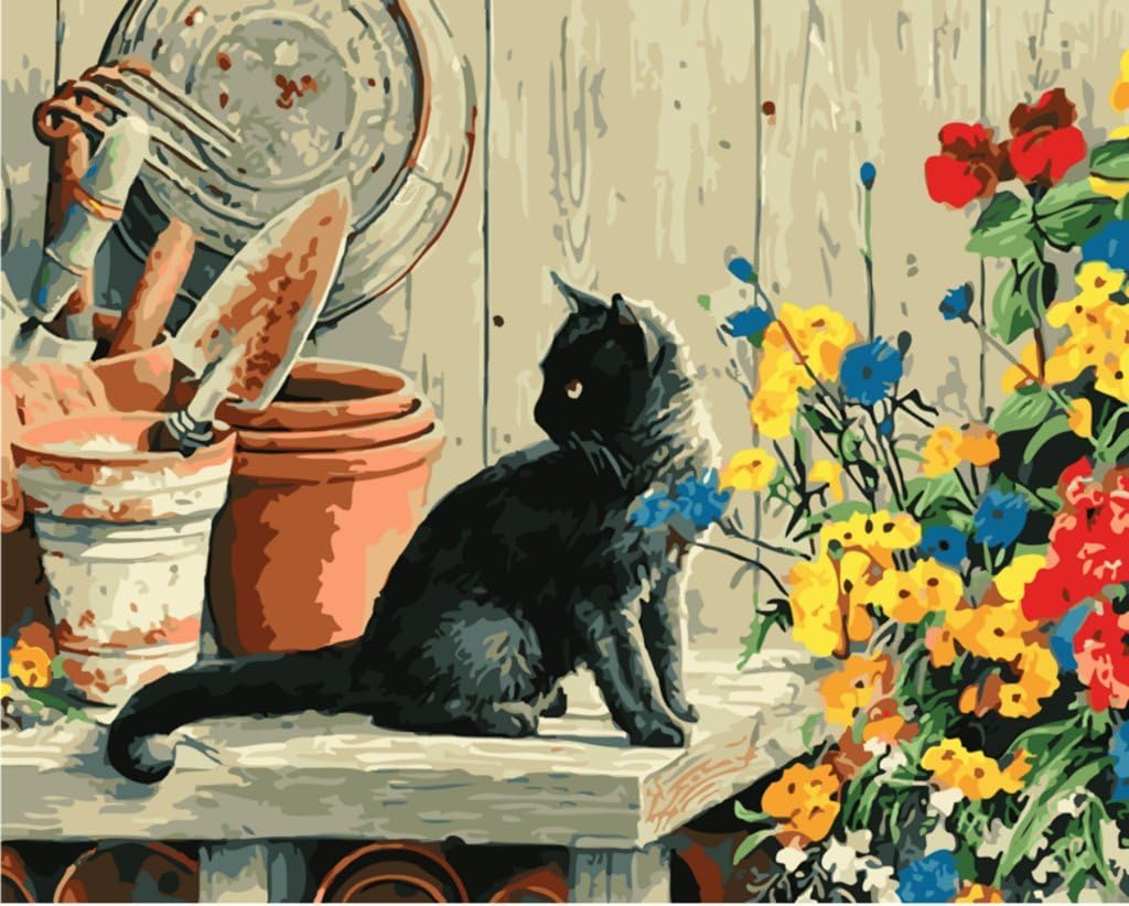 YEESAM ART DIY Paint by Numbers for Adults Beginner Black Cat Flowers 16x20 inch Linen Canvas Acrylic Stress Less Number Painting