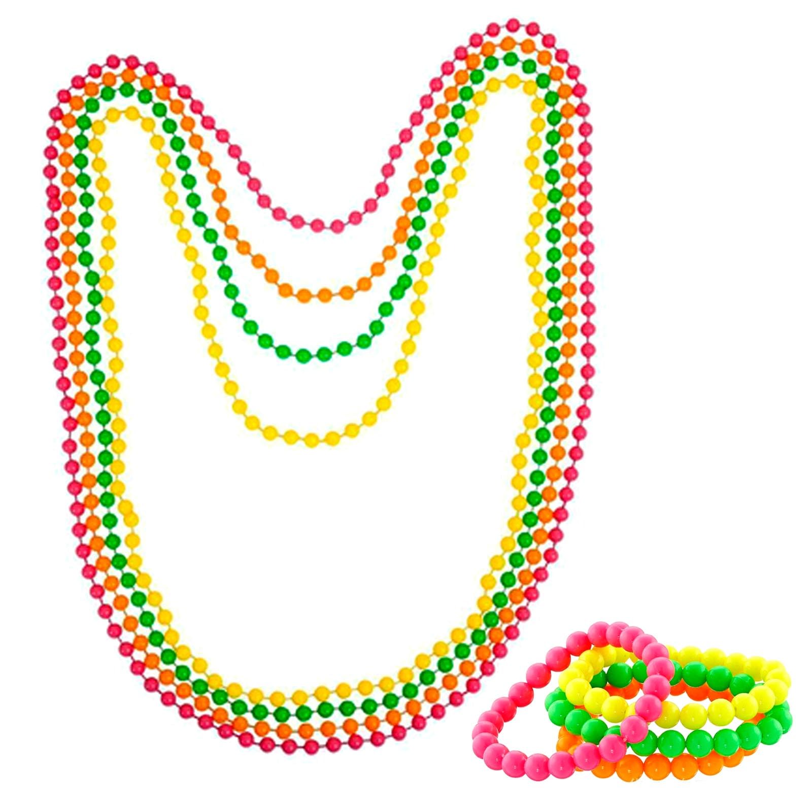 GWAWG 8Pcs 80s Fancy Dress Beads Mardi Gras Neon Necklace Bracelets Colorful for Women Plastic Party Accessories