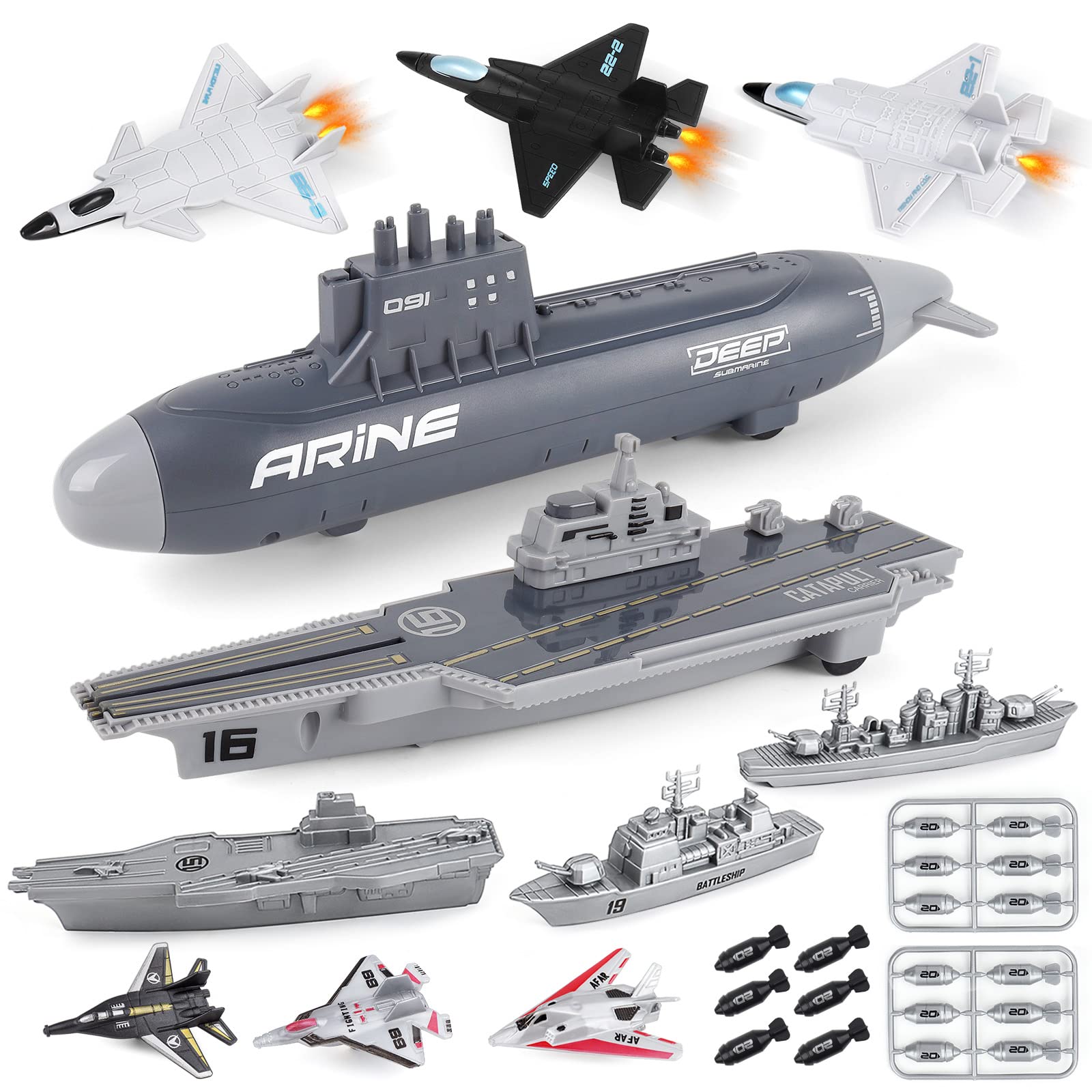 deAO Military Submarine Toy Set with Aircraft Carrier, Army Ships, Fighter Jets & Accessories, Realistic Naval & Air Force Army Toys Playset, Pretend Play Military Vehicle Toys, Gift for Kids 3+