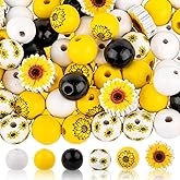 Whaline 150Pcs Sunflower Wood Beads Set Round Yellow Black White Wooden Beads Rustic Farmhouse Spacer Beads with Hemp Rope for Jewelry Making Bracelet Necklace DIY Crafts Decoration Supplies