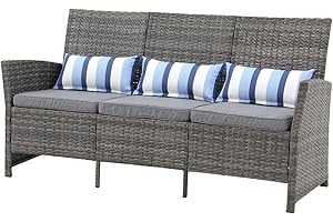 SUNSITT Outdoor Furniture 3 Seats Patio Couch, Outdoor Wicker Sofa, Grey PE Wicker with Grey Cushions & Lumbar Pillows, Porch, Backyard, Pool, Steel Frame