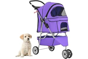DOPINMIN Foldable Pet Stroller,Dog Stroller with 3 Wheel,Pet Strolling Cart,Dog Travel Carrier with Storage Basket and Cup Holder for Dog Puppy,Purple