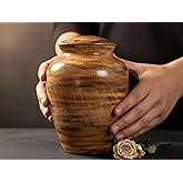 Hand-Turned Mango Wood Cremation Urn for Human or Pet Ashes – Medium 9" x 6", Holds 80 Cubic Inches – Wooden Memorial Urn with Burned Finish, Threaded Lid & Velvet Base