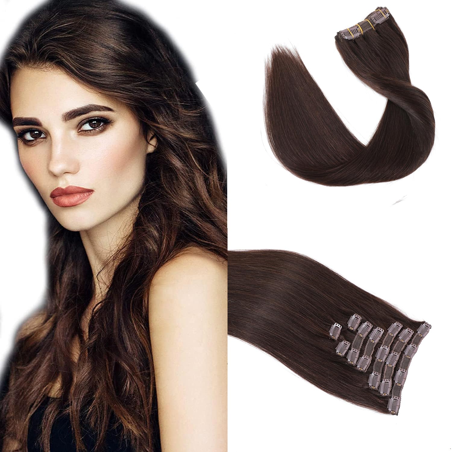 18'' Double Weft Clip in Hair Extensions Real Human Hair Full Head 8 Pieces 100g Silky Straight -100% Real Remy Human Hair Lace Weft Clip in Human Hair Extensions (18 Inch 100g, #4 Medium Brown)