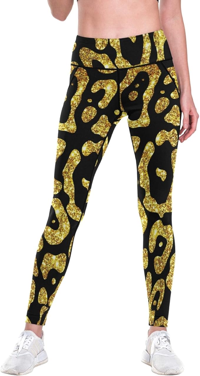 Mesh Yoga Pants Jaguar Glitter Gold Skin with Pockets High