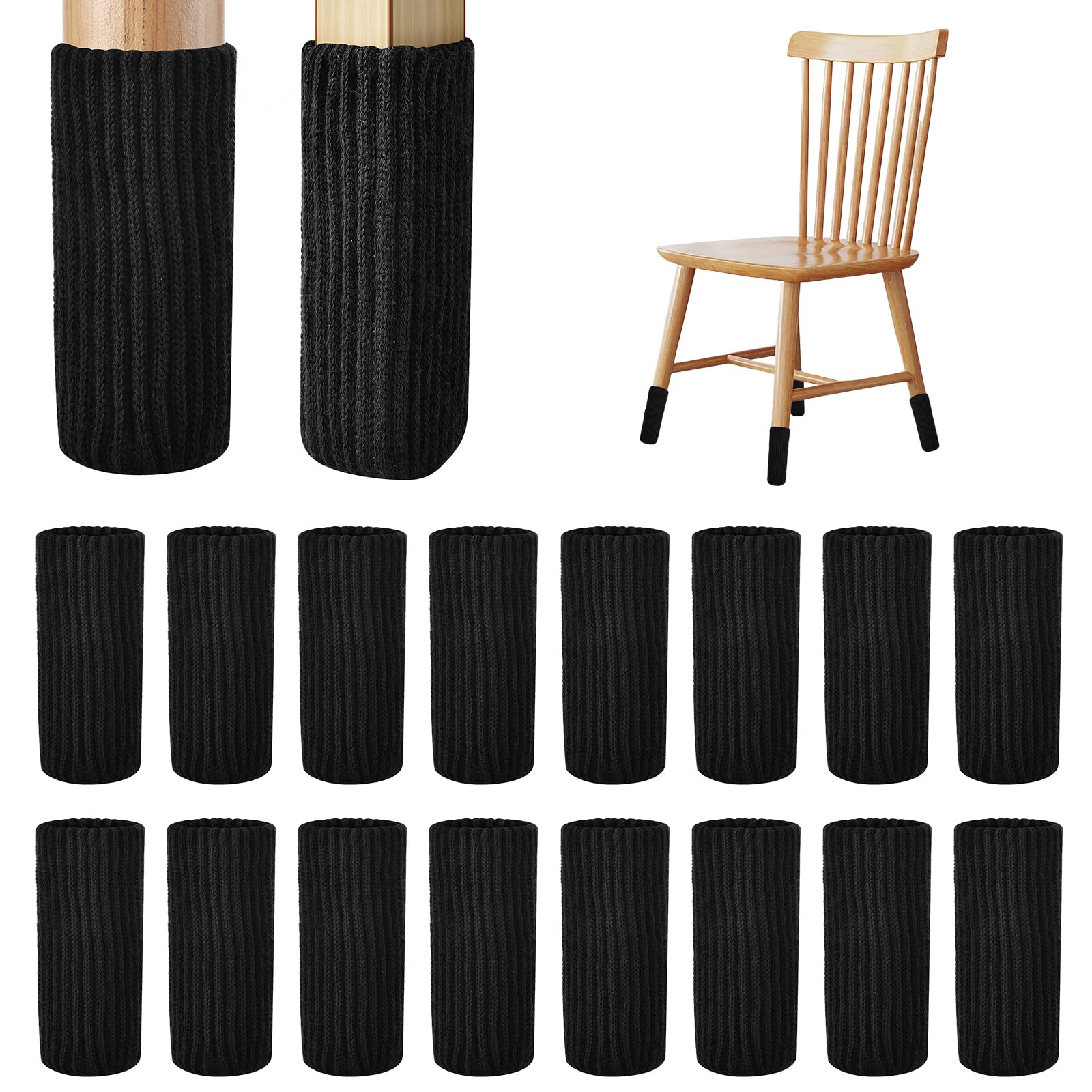 Photo 1 of 16 PCS Black Furniture Leg Socks - Knitted Chair Leg Floor Protectors for Hardwood Floors - Fits Round and Square Legs - High Elastic Bar Stool Chair Leg Covers Furniture Caps Set for All Shapes