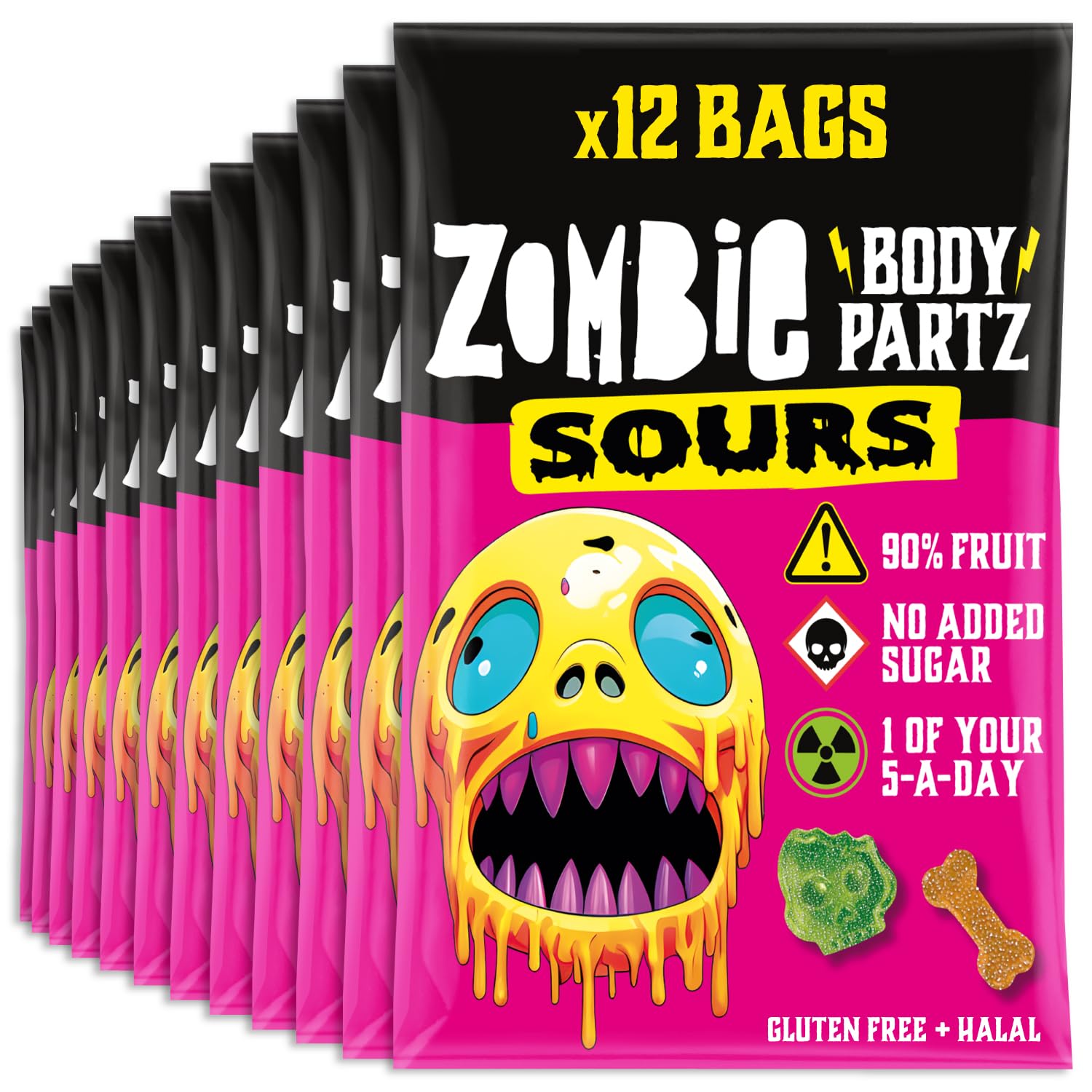 Zombie No Added Sugar Sweets, Sour Fruit Gummies (12 Bags), 90% Fruit, Vegan, Healthy Snacks for Adults, Kids, Low Calorie, Gluten Free, Halal, Bulk, Jelly, Tub, Vegetarian, Party Bags, Gummy