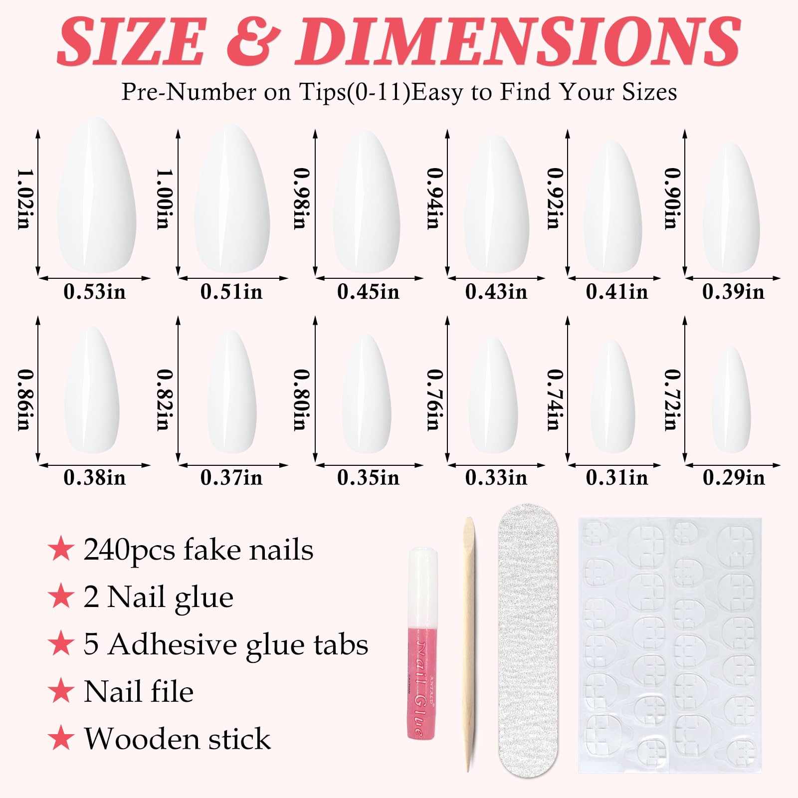 LoveOurHome 240pc Short Almond White Press on Nails Colored Fake Nail Tips Full Cover Artificial Fingernail French Stiletto Manicure with Adhesive Tabs for Women Girls Kids - Image 2