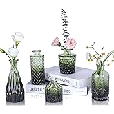UPBUD Glass Bud Vases Set of 5, Mini Flower Vase for Centerpieces, Small Clear Vases in Bulk for Wedding Decorations, Vintage Vase for Table, Recepetion, Home Décor (Green)