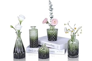 UPBUD Glass Bud Vases Set of 5, Mini Flower Vase for Centerpieces, Small Clear Vases in Bulk for Wedding Decorations, Vintage Vase for Table, Recepetion, Home Décor (Green)