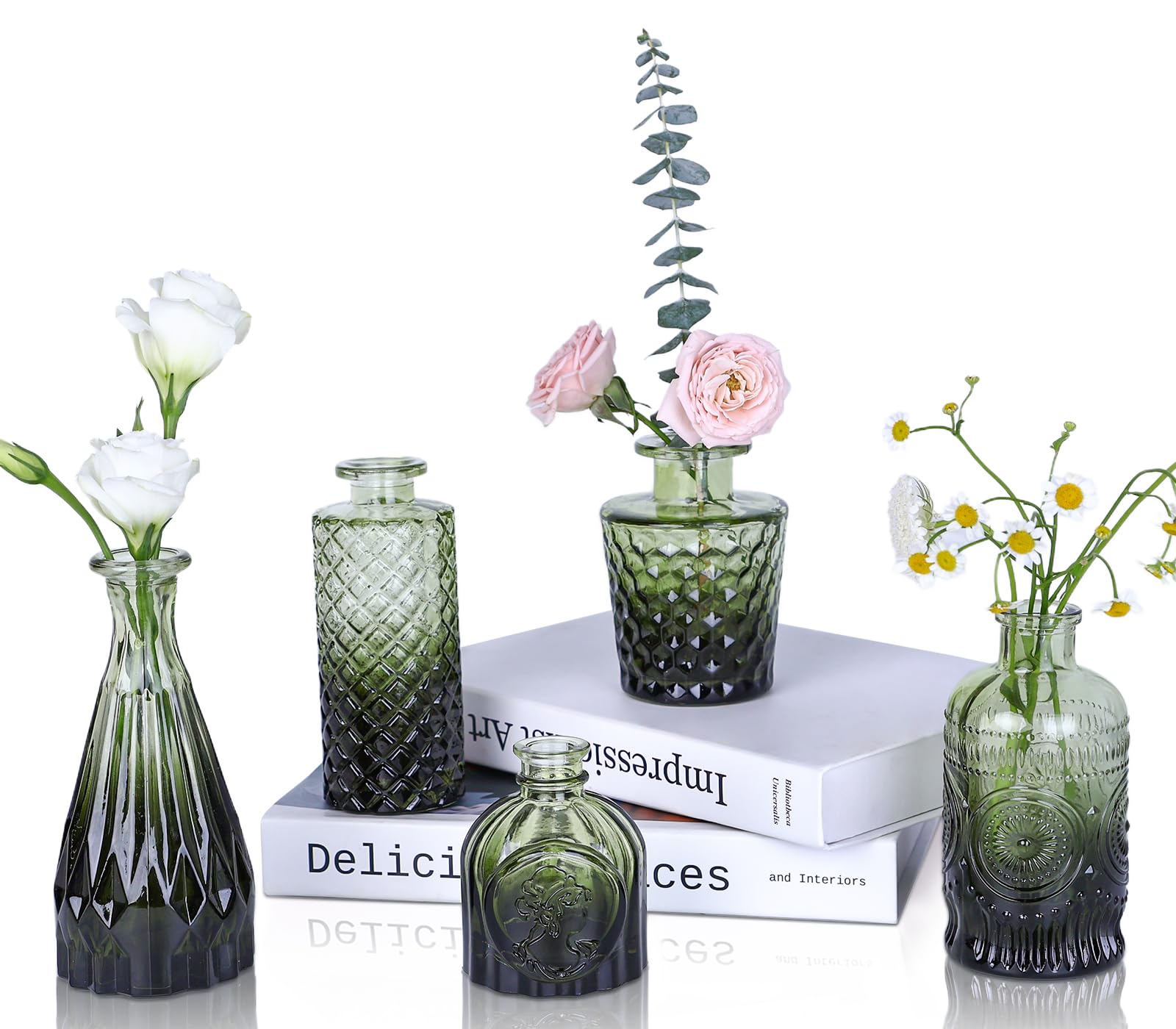 Photo 1 of Upbud Glass  Vases Set of 5, Mini Flower Vase for Centerpieces, Small Clear Vases in Bulk for Wedding Decorations, Vintage Vase for Table, Recepetion, Home Décor (Green)